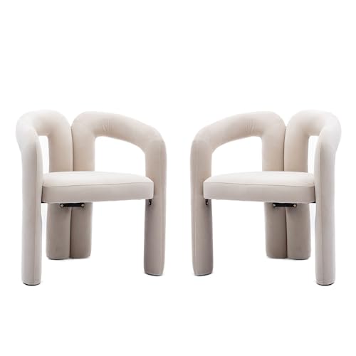 Modern gepolsterter Esszimmerstuhl mit ergonomischer Rückenlehne und Armlehnen, samtbezogener Lounge-Stuhl mit Stahlrahmen, 4-Bein-Sitzmöbel für Wohnzimmer Home-Office Set aus 2 Stühlen (Beige) von WEALTHOUSE