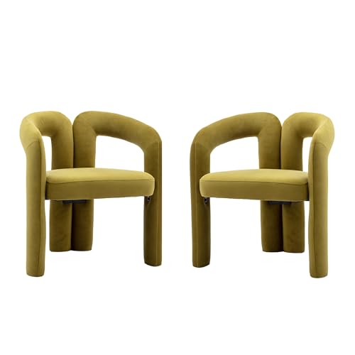 Modern gepolsterter Esszimmerstuhl mit ergonomischer Rückenlehne und Armlehnen, samtbezogener Lounge-Stuhl mit Stahlrahmen, 4-Bein-Sitzmöbel für Wohnzimmer Home-Office Set aus 2 Stühlen (olivgrün) von WEALTHOUSE