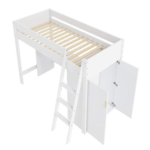 Modern gestaltetes Hochbett mit Schreibtischunterbau, stabilem Gestell aus Holz, funktionaler Treppe, umlaufender Sicherung, großzügigem Stauraum im freistehenden Korpus, platzoptimierte Lösung von WEALTHOUSE