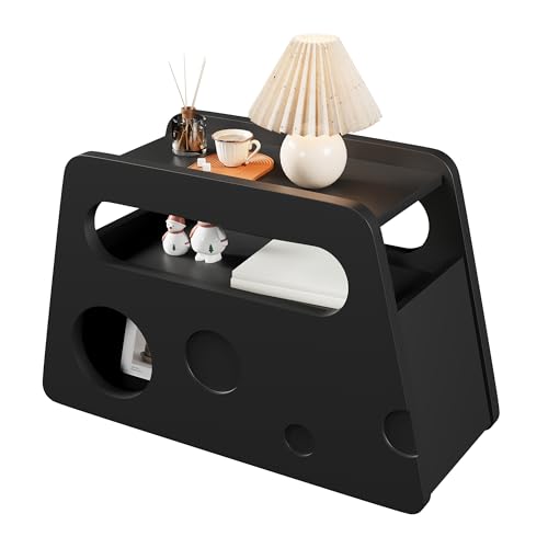 Moderner Beistelltisch mit Rollen, minimalistische Form mit runden Öffnungen, mobile Ablage für Wohnzimmer Schlafzimmer Büro, MDF Spanplatte Konstruktion, platzsparend, abgerundete Ecken (Schwarz) von WEALTHOUSE