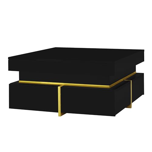 Moderner Couchtisch Hochglanz mit Schubladen Wohnzimmertisch mit Stauraum quadratisches Design Beistelltisch mit goldfarbenen Akzenten Push-to-Open Mechanismus minimalistischer Sofatisch (Schwarz) von WEALTHOUSE