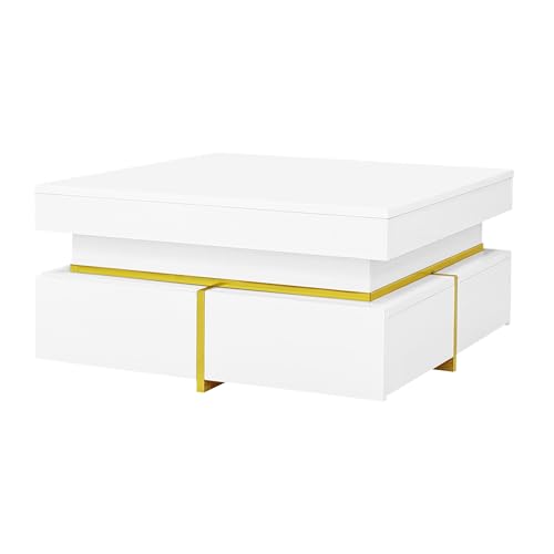 Moderner Couchtisch Hochglanz mit Schubladen Wohnzimmertisch mit Stauraum quadratisches Design Beistelltisch mit goldfarbenen Akzenten Push-to-Open Mechanismus minimalistischer Sofatisch (Weiß) von WEALTHOUSE