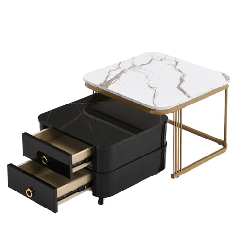 Moderner Couchtisch mit Marmoroptik Tischplatte und schwarzem Glasrahmen,ineinander stapelbares 2er-Set mit Schubladen und Rollen,platzsparendes Design für Wohnzimmer,Beistelltisch mit Metallstruktur von WEALTHOUSE