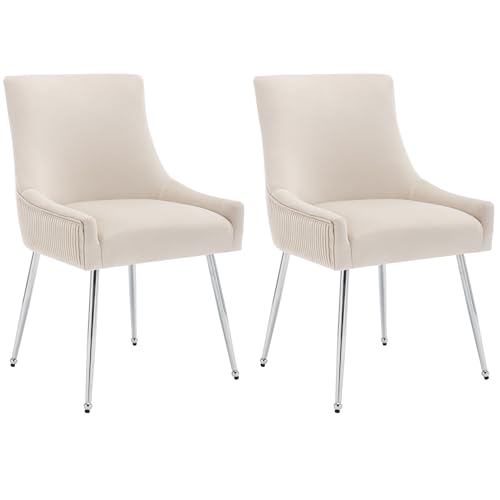 Moderner Esszimmerstuhl mit weichem Samtbezug,ergonomischer Rückenlehne mit vertikalem Rillenmuster,hochdichter Polsterung,stilvollem Metallgriff,gepolstertem Sitz,Lounge-Sessel (Beige+Silber,2) von WEALTHOUSE