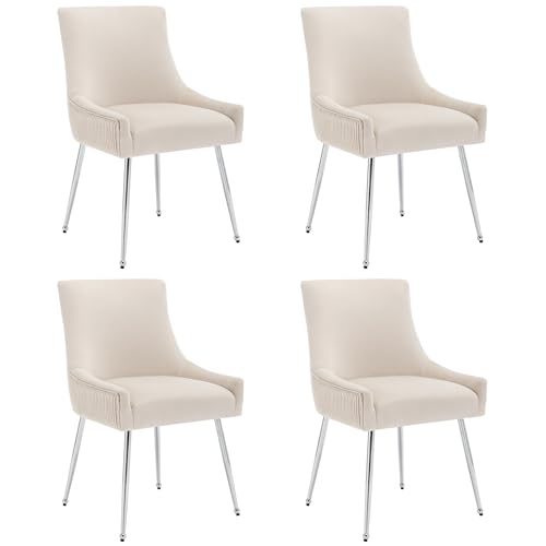 Moderner Esszimmerstuhl mit weichem Samtbezug,ergonomischer Rückenlehne mit vertikalem Rillenmuster,hochdichter Polsterung,stilvollem Metallgriff,gepolstertem Sitz,Lounge-Sessel (Beige+Silber,4) von WEALTHOUSE