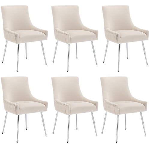Moderner Esszimmerstuhl mit weichem Samtbezug,ergonomischer Rückenlehne mit vertikalem Rillenmuster,hochdichter Polsterung,stilvollem Metallgriff,gepolstertem Sitz,Lounge-Sessel (Beige+Silber,6) von WEALTHOUSE