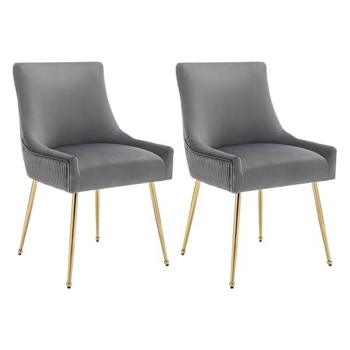 Moderner Esszimmerstuhl mit weichem Samtbezug,ergonomischer Rückenlehne mit vertikalem Rillenmuster,hochdichter Polsterung,stilvollem Metallgriff,gepolstertem Sitz,Lounge-Sessel (Grau+Gold,2) von WEALTHOUSE