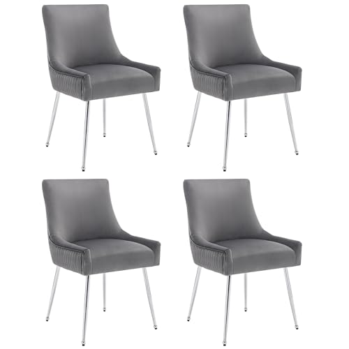 Moderner Esszimmerstuhl mit weichem Samtbezug,ergonomischer Rückenlehne mit vertikalem Rillenmuster,hochdichter Polsterung,stilvollem Metallgriff,gepolstertem Sitz,Lounge-Sessel (Grau+Silber,4) von WEALTHOUSE