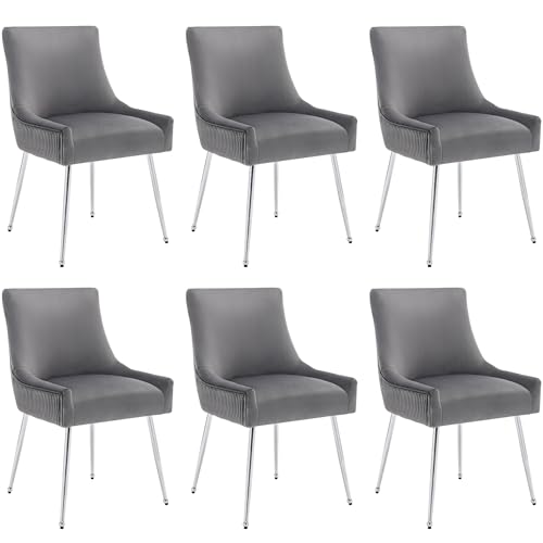 Moderner Esszimmerstuhl mit weichem Samtbezug,ergonomischer Rückenlehne mit vertikalem Rillenmuster,hochdichter Polsterung,stilvollem Metallgriff,gepolstertem Sitz,Lounge-Sessel (Grau+Silber,6) von WEALTHOUSE