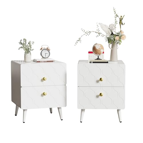 Moderner Nachttisch 2er-Set mit eleganter Wellenstruktur, 2 Schubladen, lackierter Oberfläche,vergoldeten Griffen,stoßfestem Eckdesign,glatte Schienen,abgerundete Beine,geräuscharme Nutzung (Weiß) von WEALTHOUSE