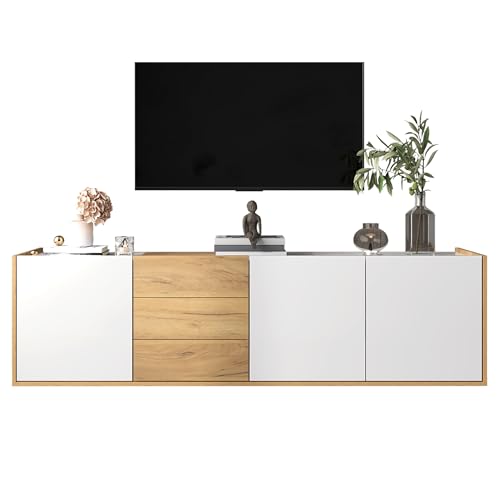 Moderner TV-Schrank mit 3 Türen und 3 Schubladen,hängbar oder bodenstehend,Holzoptik-Front und mattweiße Flächen,verstellbare Innenregale,Wohnzimmer Sideboard für Multimedia Geräte (Weiß+Holzfarbe) von WEALTHOUSE