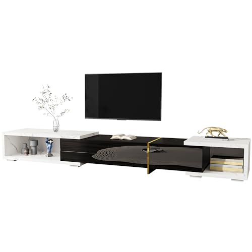 Moderner TV-Schrank mit variabler Länge 140–260 cm, drehbarer Funktion für flexible Ausrichtung, eleganter Marmoroptik-Oberfläche, glänzender Front, mattem Korpus, goldverzierten (Schwarz+Weiß) von WEALTHOUSE