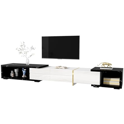 Moderner TV-Schrank mit Variabler Länge 140–260 cm, drehbarer Funktion für Flexible Ausrichtung, eleganter Marmoroptik-Oberfläche, glänzender Front, mattem Korpus, goldverzierten (Weiß+Schwarz) von WEALTHOUSE