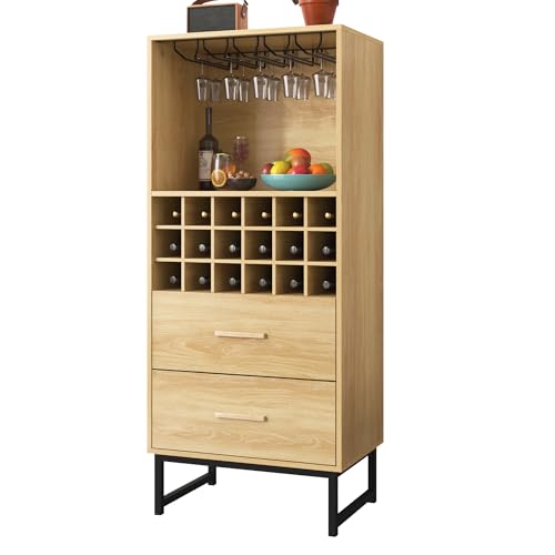 Moderner Weinschrank mit Gläserhalterung und 18 offenen Fächern für Flaschen,Zwei große Schubladen zur Aufbewahrung,Holzoptik mit mattschwarzen Metallfüßen,Sideboard für Wohnzimmer oder (Holzfarbe) von WEALTHOUSE
