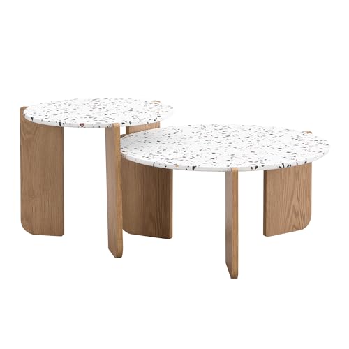 Moderner kombinierbarer Couchtisch im 2er-Set mit kunstvoll gemusterter Terrazzo-Optik Tischplatte & stabilen Holzbeinen, innovatives Nesting-Design für flexible Einrichtung (Weiß+Holzfarbe) von WEALTHOUSE