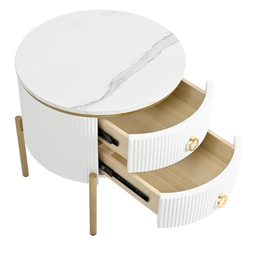 Moderner runder Beistelltisch mit Marmorstruktur-Oberfläche, goldenen Metallbeinen und Griffen, strukturierte Front, 2 Schubladen mit Soft-Schienen, verstellbare Höhe, kompakte Wohnraumlösung Moderner runder Beistelltisch mit Marmorstruktur-Oberfläche, goldenen Metallbeinen und Griffen, strukturierte Front, 2 Schubladen mit Soft-Schienen, verstellbare Höhe, kompakte Wohnraumlösung von WEALTHOUSE
