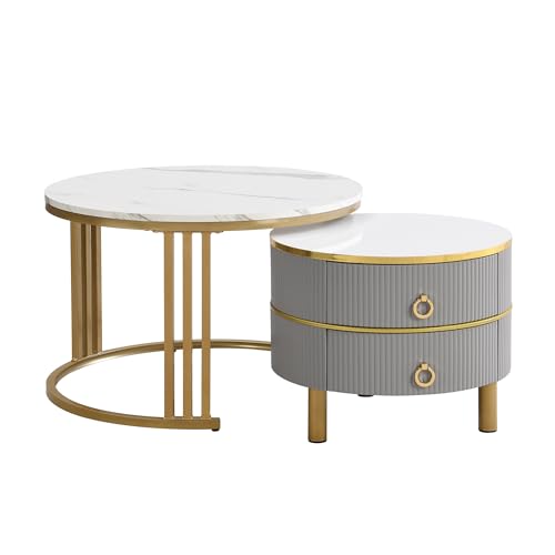Moderner runder Satztisch mit marmorierter Hochglanzplatte, integriertem Stauraum durch zwei Schubladen, eleganter Metallrahmen, ideal für Wohnzimmer, multifunktional und platzsparend (Grau) von WEALTHOUSE