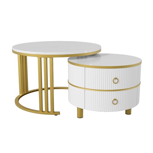 Moderner runder Satztisch mit marmorierter Hochglanzplatte, integriertem Stauraum durch zwei Schubladen, eleganter Metallrahmen, ideal für Wohnzimmer, multifunktional und platzsparend (Weiß) von WEALTHOUSE