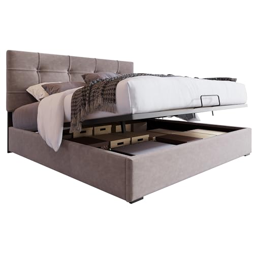 Modernes Bettgestell mit Hubmechanismus und großzügigem Stauraum,gepolstertes Kopfteil höhenverstellbar,Lattenrahmen aus Metall,stabile Konstruktion mit Design-Elementen (Mit Matratze,90x200cm) von WEALTHOUSE
