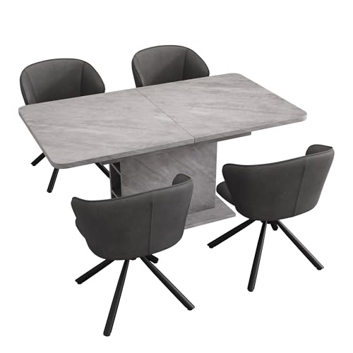 Modernes Esszimmer-Set mit rechteckigem ausziehbarem Esstisch,Stauraum in der Mittelsäule,PU-Ledersesseln mit gepolstertem Sitz,Metallbeinen und ergonomischer Rückenlehne (Esstisch,4 Stühlen) von WEALTHOUSE