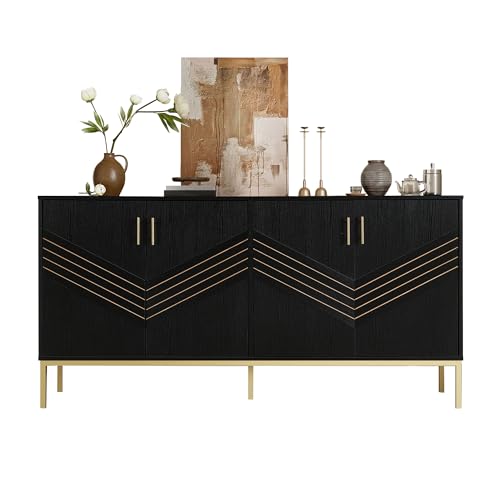 Modernes Sideboard mit Türen und Metallgestell – Stilvolles Möbel für Wohnzimmer oder Flur – Geometrische Frontstruktur – Viel Stauraum – MDF-Korpus – Höhenverstellbare Regalböden (Schwarz) von WEALTHOUSE