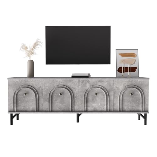 Modernes TV-Board mit 3D-Bogenfront, Medienkonsole mit Soft-Close-Scharnieren und vier Fächern, Fernsehschrank mit Kabeldurchführung, stilvolles Design für Wohnzimmer, stabiler Aufbau (Grau) von WEALTHOUSE
