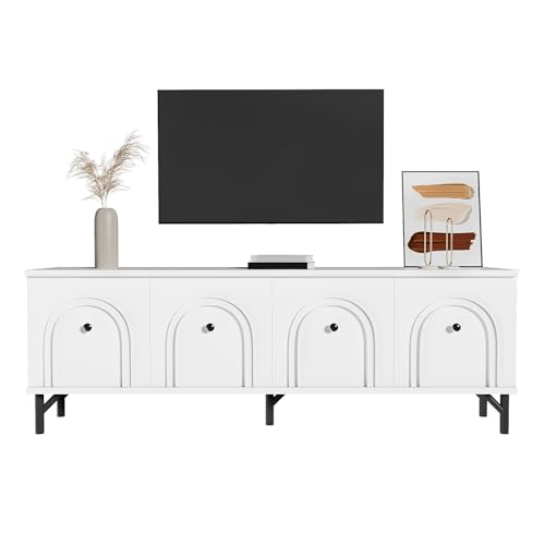 Modernes TV-Board mit 3D-Bogenfront, Medienkonsole mit Soft-Close-Scharnieren und vier Fächern, Fernsehschrank mit Kabeldurchführung, stilvolles Design für Wohnzimmer, stabiler Aufbau (Weiß) von WEALTHOUSE