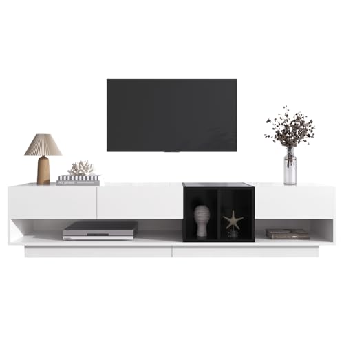 Modernes TV-Lowboard mit Hochglanz-Oberfläche, Push-to-Open-Schubladen, offenen Fächern, strukturierter Front, eleganter Linienführung, Klappelementen, Kontrastflächen, klarer Formensprache (Weiß) von WEALTHOUSE