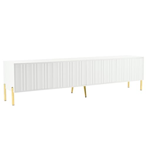 Modernes TV-Lowboard mit vertikal gerillten Türen, Push-to-Open-System, 8 Fächer, mit goldenen Metallbeinen, leises Scharnierdesign, eleganter Fernsehschrank für Wohnzimmer, Medienkonsole (Weiß) von WEALTHOUSE