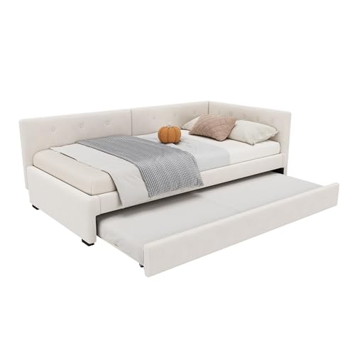 Modernes Tagesbett mit ausziehbarem Rollbett und stabilen Lattenrosten, Schlafsofa im minimalistischen Design aus Samt und MDF, vielseitig nutzbar als Gästebett oder Loungeliege (Beige,90x200cm) von WEALTHOUSE