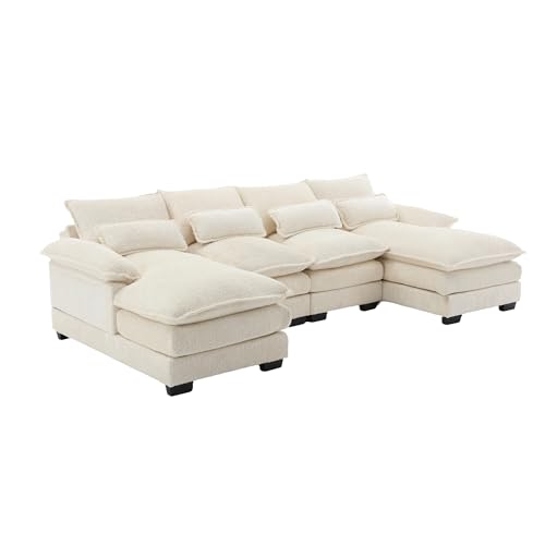 Modernes U-förmiges 4-Sitzer-Sofa mit zwei Chaiselongues, ergonomischer Rückenlehne, gepolsterten Sitzkissen, Bouclé-Stoff, Holzrahmen und Eisenstruktur,starker Halt,weiches Sitzgefühl (Beige) von WEALTHOUSE