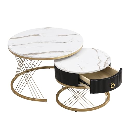 Modularer Couchtisch 2er-Set mit Marmoroptik-Oberfläche und goldenen Metallelementen,Beistelltisch mit Stauraum,Schublade und höhenverstellbaren Füßen,runder Wohnzimmertisch mit Metallrahmen (Weiß) von WEALTHOUSE