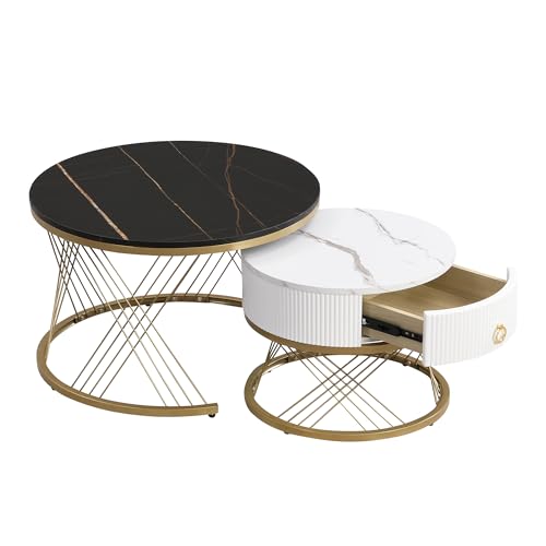 Modularer Couchtisch 2er-Set mit Marmoroptik-Oberfläche und goldenen Metallelementen,Beistelltisch mit Stauraum,Schublade und höhenverstellbaren Füßen,runder Wohnzimmertisch mit Metallrahmen (Schwarz) von WEALTHOUSE