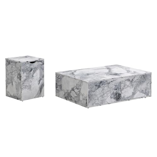 Modulares 2er Couchtisch-Set mit Marmoroptik, Wohnzimmer-Tischkombination mit Schubladen und Stauraum, Sofa-Beistelltisch flexibel kombinierbar, MDF Konstruktion, modern für Balkon, Schlafzimmer von WEALTHOUSE