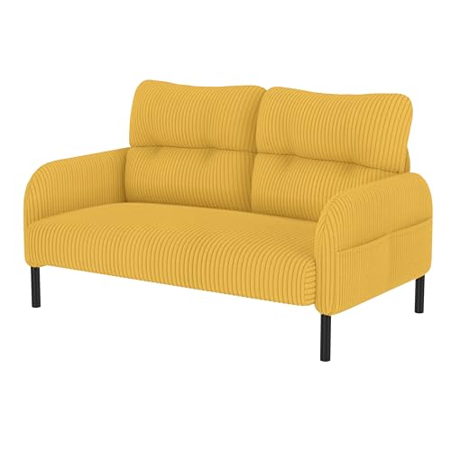 Modulares Cord Sofa Set aus Zweisitzer,Sessel und Hocker mit ergonomischer Rückenlehne,Seitentasche und stabilem Metall‑Holz‑Gestell – für Wohnzimmer & kleine Apartments (Gelb,2-Sitzer Sofa) von WEALTHOUSE