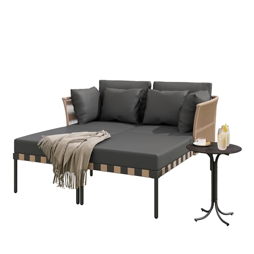 Modulares Gartensofa mit Loungesessel und Couchtisch für Terrasse,Verstellbares Loungebett mit Waschbaren Kissen,Abnehmbarer Rückenlehne,Seilgeflecht Rücken,Polyrattan Lounge Set (Grau+Schwarz+Braun) von WEALTHOUSE