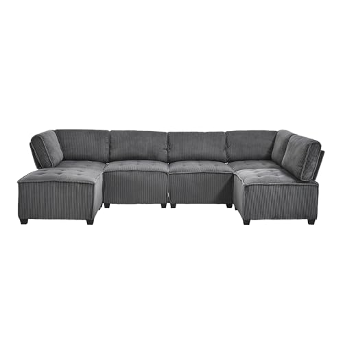 Modulares Sofa 6-Sitzer mit Cordbezug, ergonomische Rückenlehne und Armstützen, multifunktional kombinierbar als U-Form, L-Form oder Schlafsofa, mit Seitentaschen, schneller Rückfederung (Grau) von WEALTHOUSE