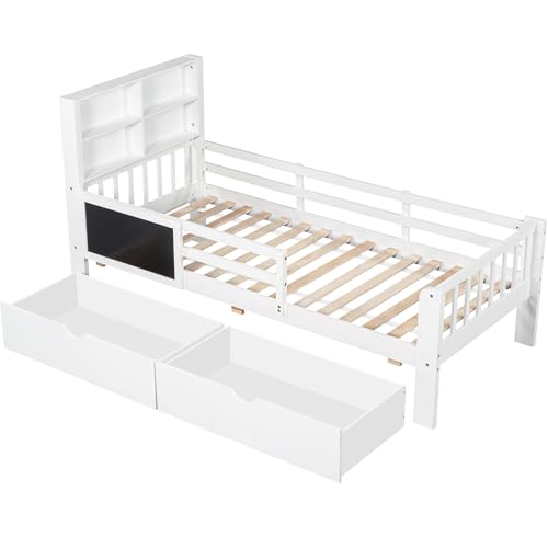 Multifunktionales Einzelbett mit Regal am Kopfteil, seitlicher Kreidetafel zum Zeichnen, großzügigem Unterbettstauraum mit zwei Schubladen, Absturzsicherung, stabilem Massivholzrahmen und Lattenrost Multifunktionales Einzelbett mit Regal am Kopfteil, seitlicher Kreidetafel zum Zeichnen, großzügigem Unterbettstauraum mit zwei Schubladen, Absturzsicherung, stabilem Massivholzrahmen und Lattenrost von WEALTHOUSE