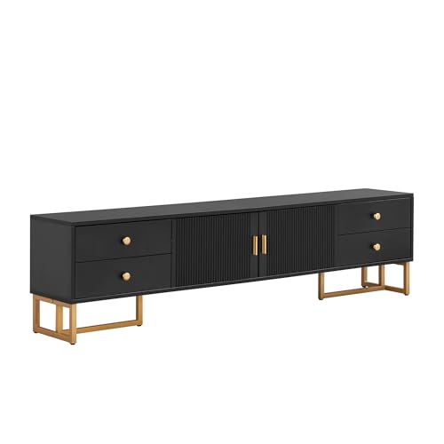 Multipanel TV-Unterschrank mit geriffelter Mittelklappe,vier geräumigen Schubladen und weichen Pufferscharnieren,veredelt mit eleganten Metallgriffen und filigranen goldfarbenen Standfüßen (Schwarz) Multipanel TV-Unterschrank mit geriffelter Mittelklappe,vier geräumigen Schubladen und weichen Pufferscharnieren,veredelt mit eleganten Metallgriffen und filigranen goldfarbenen Standfüßen (Schwarz) von WEALTHOUSE