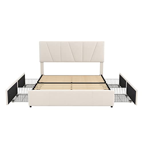 Polster Plattformbett mit verstellbarem Kopfteil und vier seitlichen Schubladen, Samtgewebe gepolstert, Holz- und Metallrahmen, stabiles Lattenrostsystem, Aufbewahrungsfunktion (Beige,140x200cm) von WEALTHOUSE