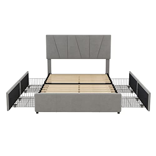 Polster Plattformbett mit verstellbarem Kopfteil und vier seitlichen Schubladen, Samtgewebe gepolstert, Holz- und Metallrahmen, stabiles Lattenrostsystem, Aufbewahrungsfunktion (Grau,140x200cm) von WEALTHOUSE