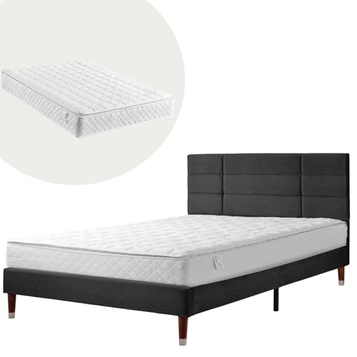 Polsterbett mit Lattenrost, Doppelbett mit Samtbezug und gepolstertem Kopfteil, modernes Design, Bettgestell mit Metall- und Holzrahmen, stabil und langlebig (Schwarz Mit Matratze,140x200cm) von WEALTHOUSE