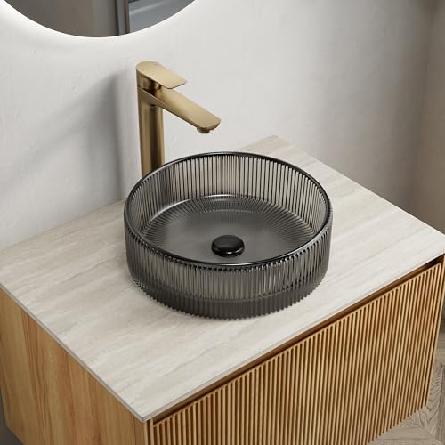Rundes Aufsatzwaschbecken aus Kristallglas, gerillte Außenwand, elegante Waschschale am Bad-Waschtisch, pflegeleichte porenarme Oberfläche, Pop-Up-Ablauf ohne Überlauf empfohlen (Schwarz) von WEALTHOUSE
