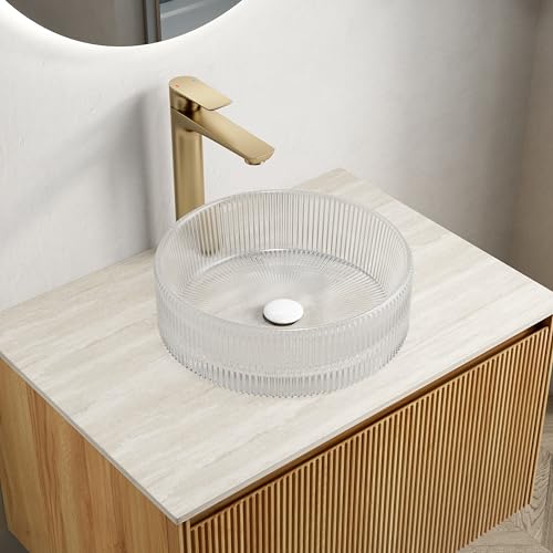 Rundes Aufsatzwaschbecken aus Kristallglas, gerillte Außenwand, elegante Waschschale am Bad-Waschtisch, pflegeleichte porenarme Oberfläche, Pop-Up-Ablauf ohne Überlauf empfohlen (Transparent) von WEALTHOUSE
