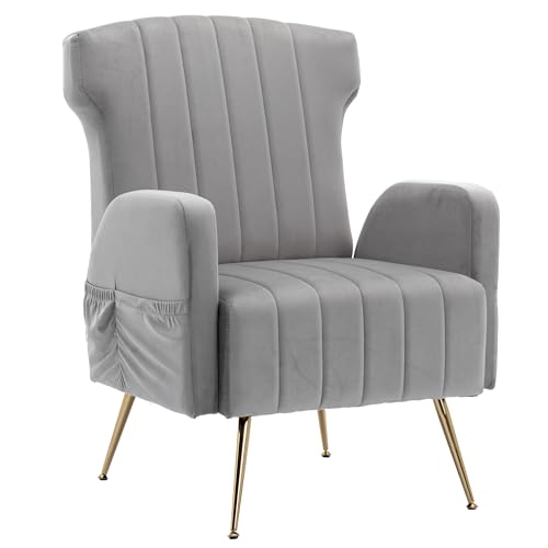 Samtgepolsterter Lounge Stuhl mit hoher Rückenlehne und ergonomischem Design,modernes Metallfuß-Gestell in Gold,seitliche Aufbewahrungstasche,atmungsaktives Gewebe,bequemer Einzelsessel (Grau) von WEALTHOUSE