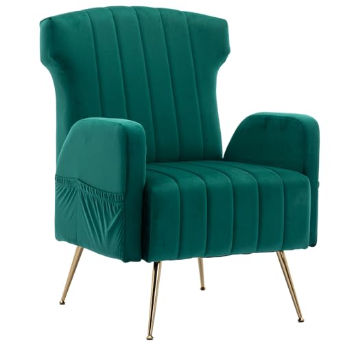 Samtgepolsterter Lounge Stuhl mit hoher Rückenlehne und ergonomischem Design,modernes Metallfuß-Gestell in Gold,seitliche Aufbewahrungstasche,atmungsaktives Gewebe,bequemer Einzelsessel (Grün) von WEALTHOUSE