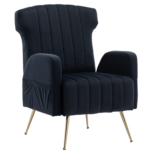 Samtgepolsterter Lounge Stuhl mit hoher Rückenlehne und ergonomischem Design,modernes Metallfuß-Gestell in Gold,seitliche Aufbewahrungstasche,atmungsaktives Gewebe,bequemer Einzelsessel (Schwarz) von WEALTHOUSE