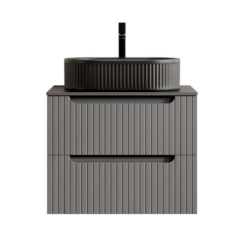 Schwebender Badezimmer-Waschtisch-Set, ovales Keramik-Aufsatzbecken geriffelte Außenwand, Sinterstein-Arbeitsplatte, gestreifter Sperrholz-Unterschrank zwei Soft-Close-Schubladen (60cm,Grau) von WEALTHOUSE