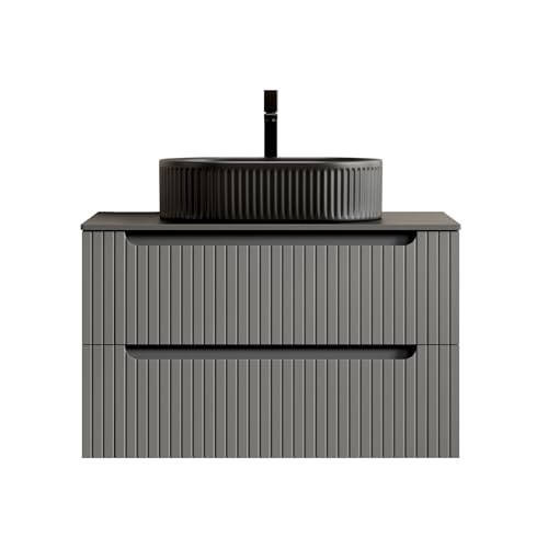 Schwebender Badezimmer-Waschtisch-Set, ovales Keramik-Aufsatzbecken geriffelte Außenwand, Sinterstein-Arbeitsplatte, gestreifter Sperrholz-Unterschrank zwei Soft-Close-Schubladen (Grau,80cm) von WEALTHOUSE