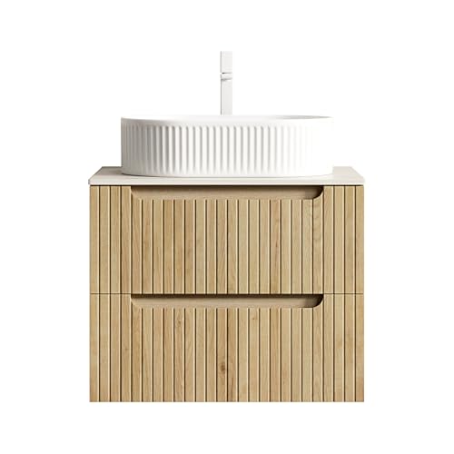 Schwebender Badezimmer-Waschtisch-Set, ovales Keramik-Aufsatzbecken geriffelte Außenwand, Sinterstein-Arbeitsplatte, gestreifter Sperrholz-Unterschrank zwei Soft-Close-Schubladen (Natur,60cm) von WEALTHOUSE